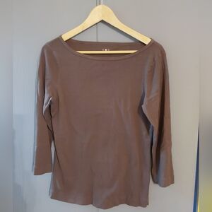 Three Dots Brown Boatneck 3/4 Sleeve Top